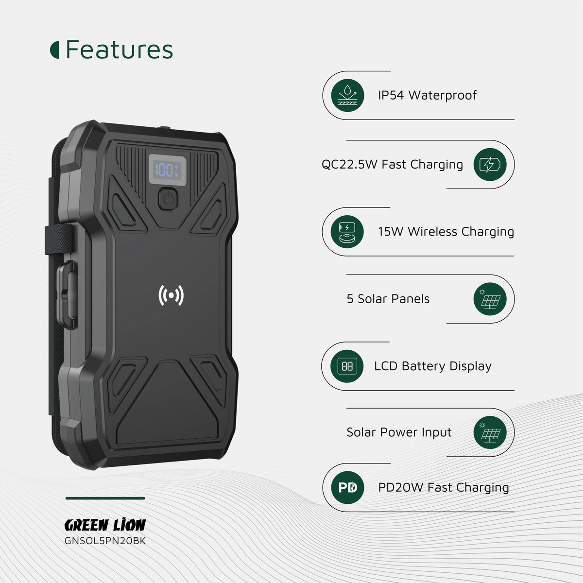 Green Lion Solar 5-Panel 20000 m Ah Power Bank PD 20 W - Black – image 9