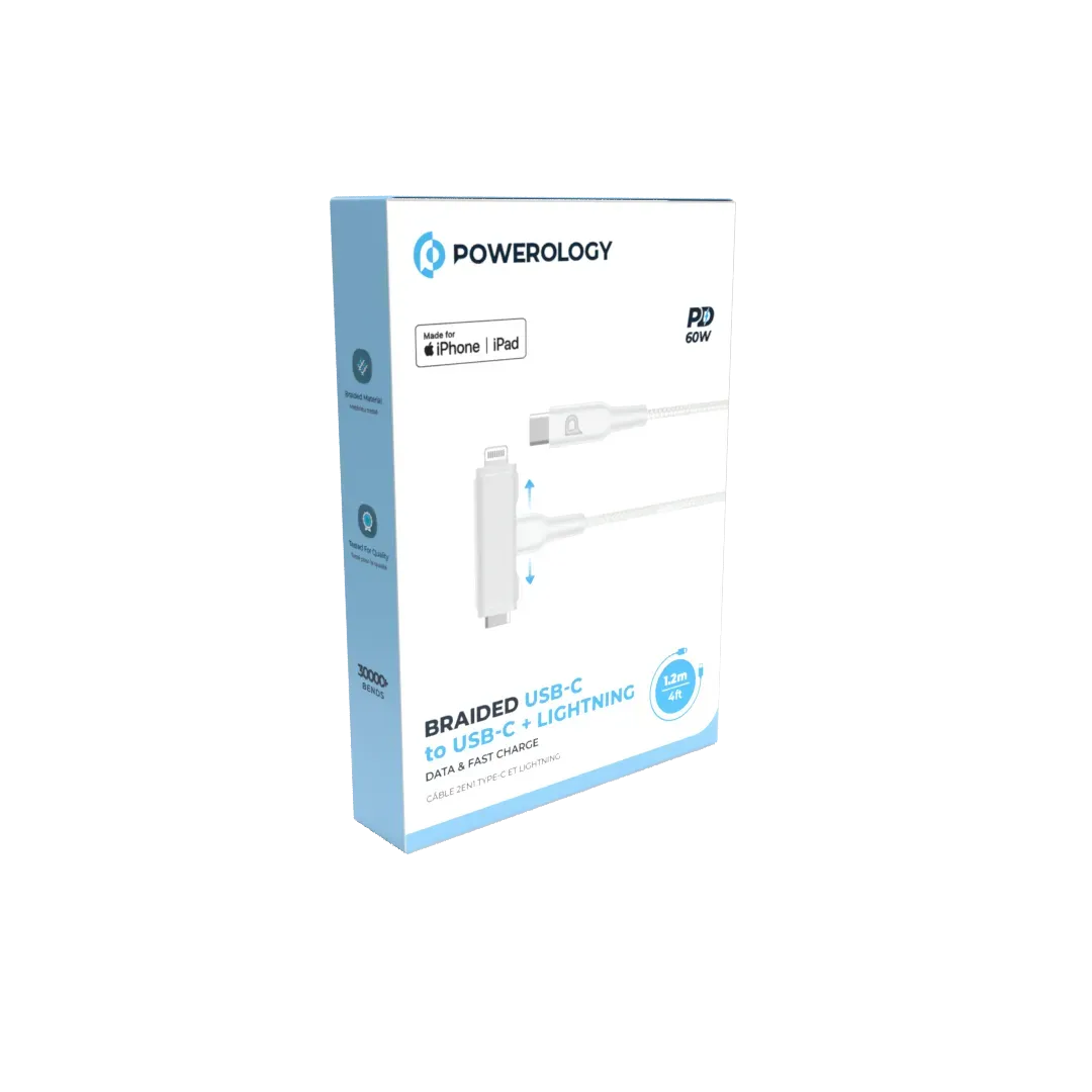 Powerology Braided USB-C to USB-C +Lightning Data&Fast Charge 1.2 m/4 ft - White