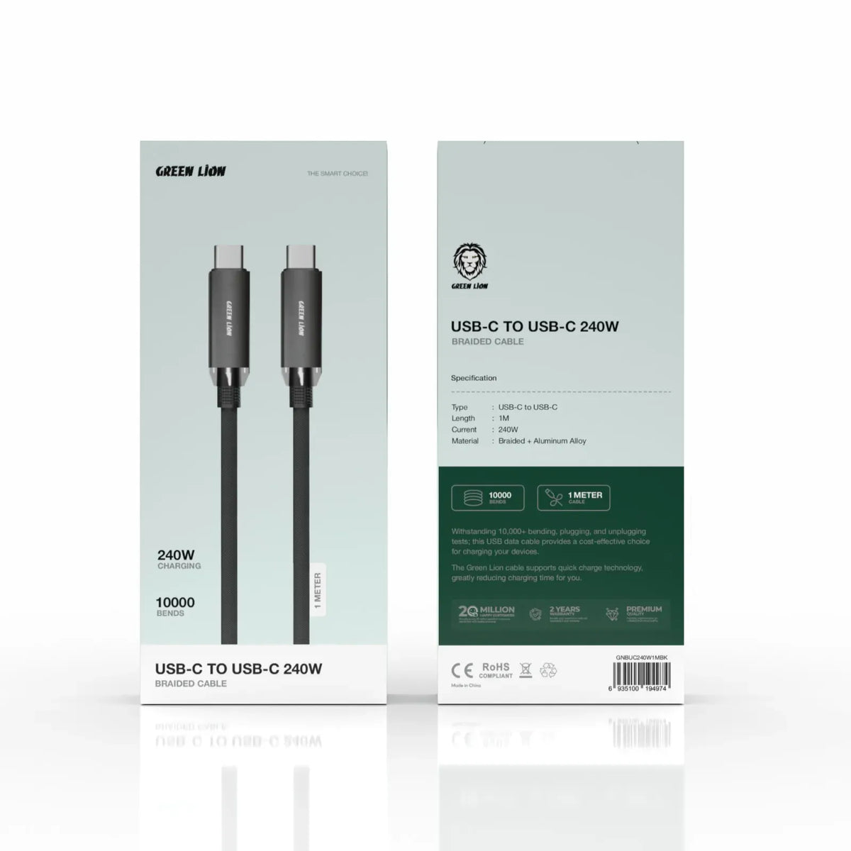 Green Lion Braided Type C to Type C Cable 240w 1 Mtr Black – image 2