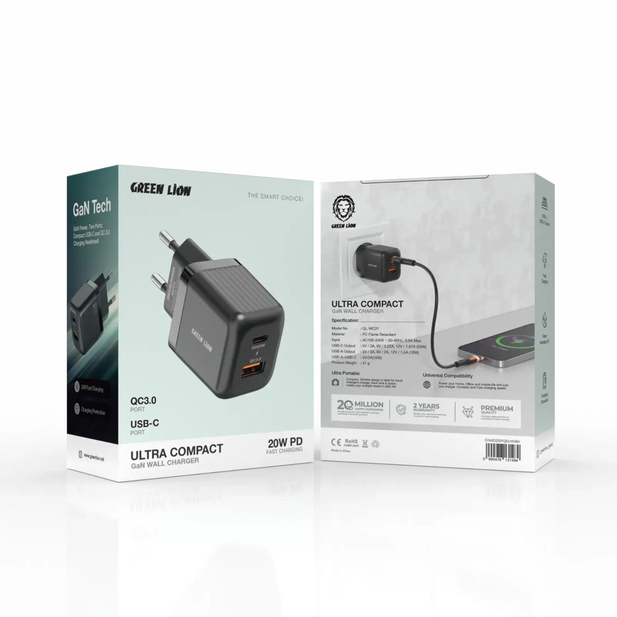 Green Lion Ultra Compact Ga NWall Charger EUPin A+CPD 20 W+QC 3.0 - Black – image 3