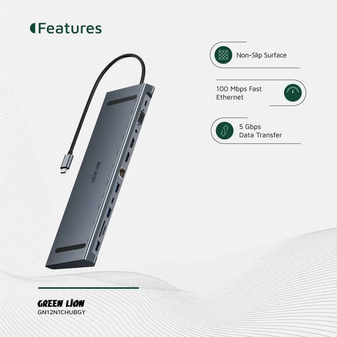 Green Lion 12 in 1 4k Hdmi Ethernet USB C Hub Gray – image 5
