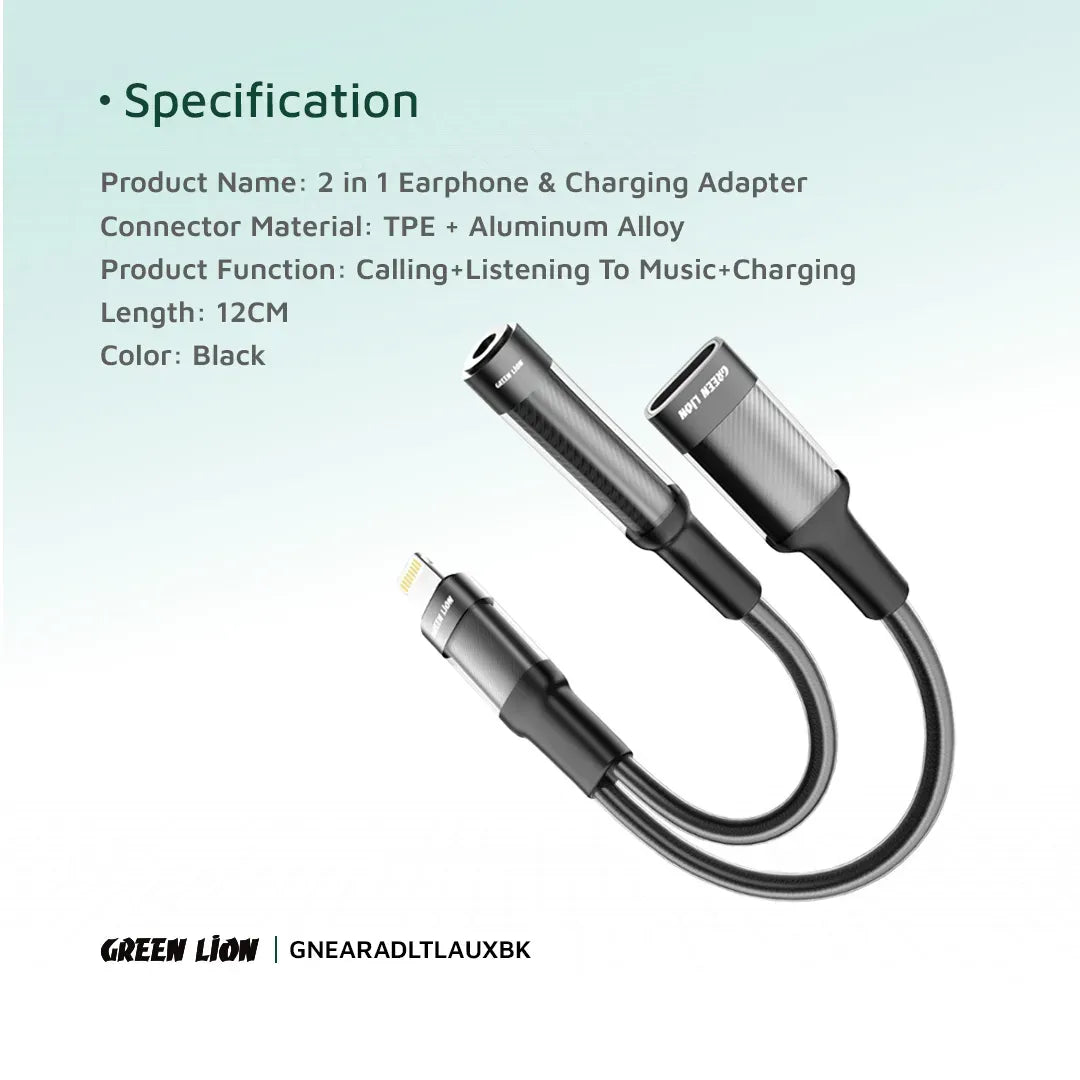 Green Lion 2 in 1 Earphone Charging Adapter Lightning to Lightning 3 5 12cm Black – image 4