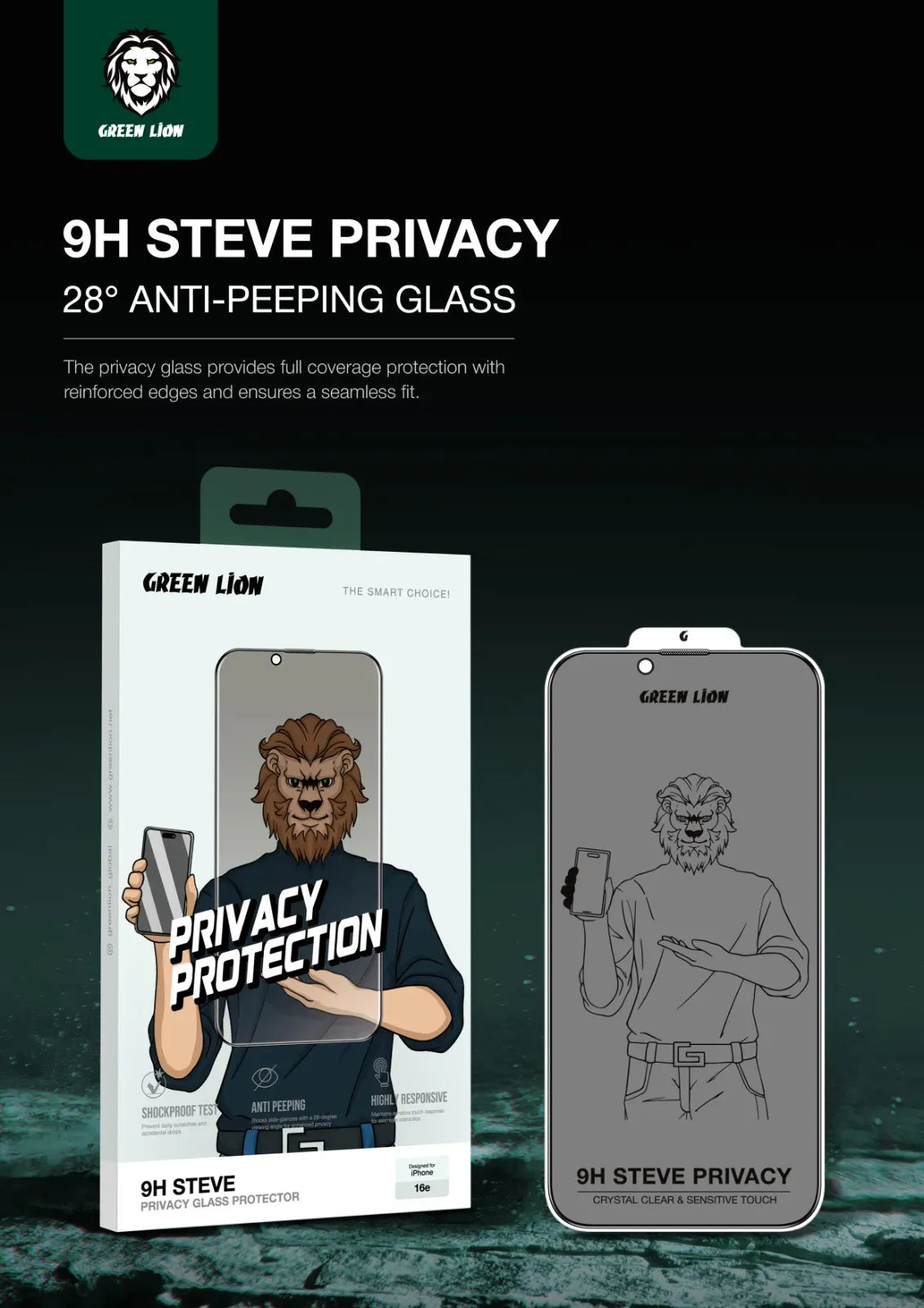 Green Lion 9h Steve Privacy HD for Iphone 16e Black – image 11