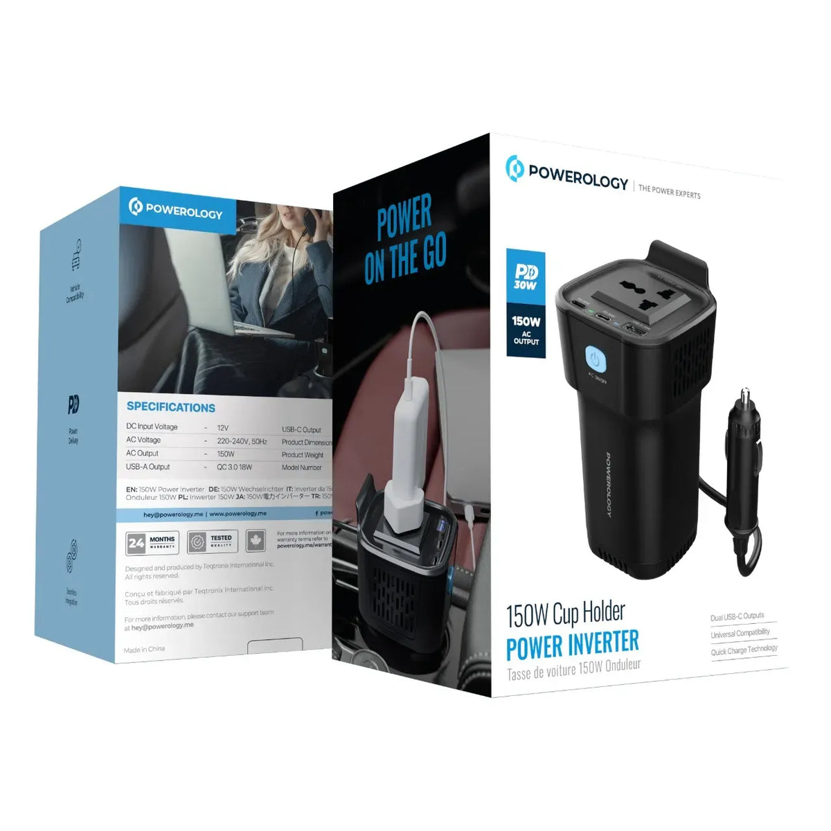 Powerology 150w Inverter AC Universal USB A 2type C DC Car 12v10a Black – image 8