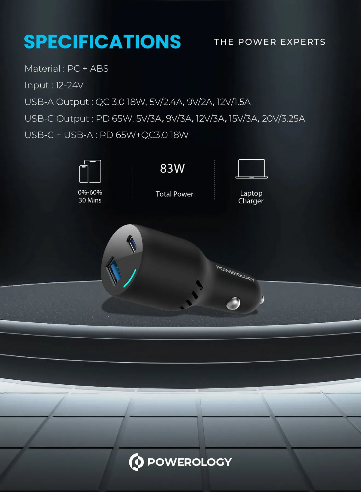 Powerology 65w PD Qc3 0 LED Dual Ports Car Charger Black – image 7