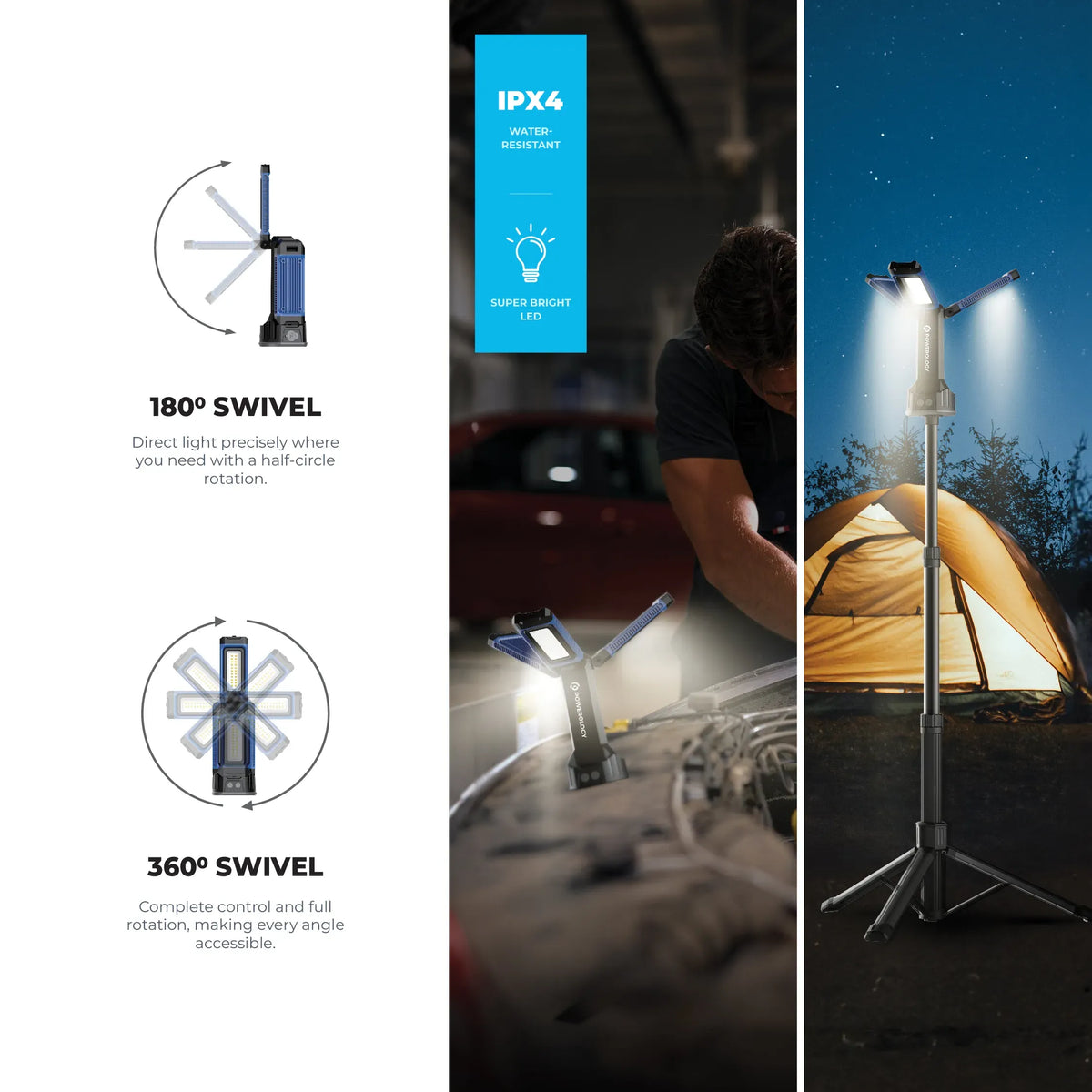 Powerology Camping 4000lm USB C Foldable Tripod Worklight Ipx4 4000mAh Black – image 6