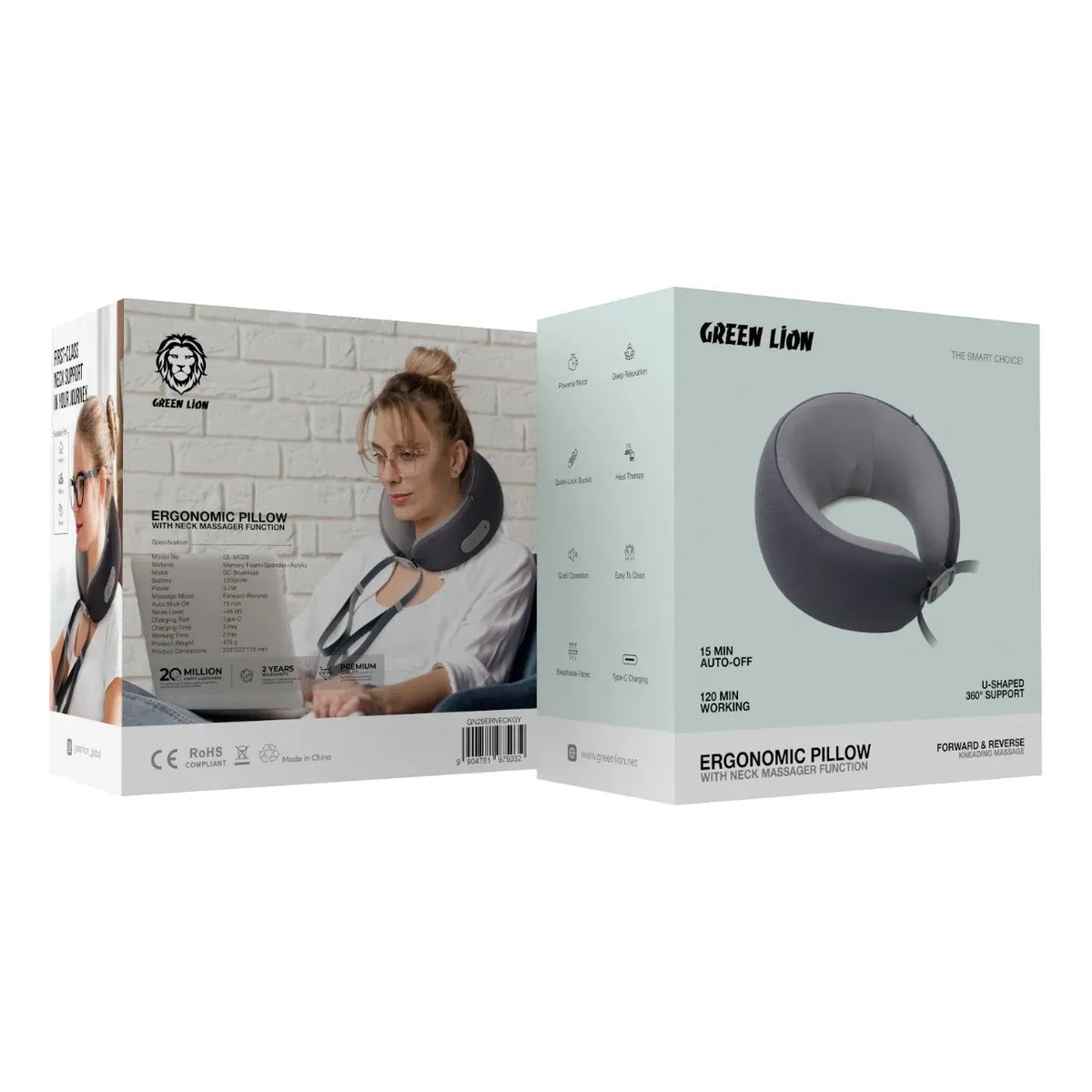 Green Lion Ergonomic Pillow with Neck Massager Function Gray – image 3