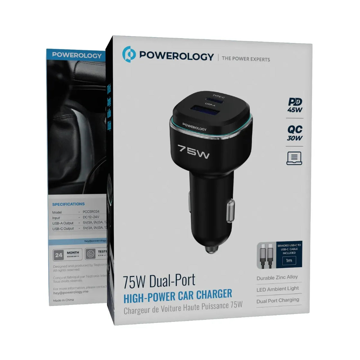 Powerology 75 W Dual-Port High-Power Car Charger with Typc-CCable - Black/Gre y – image 2