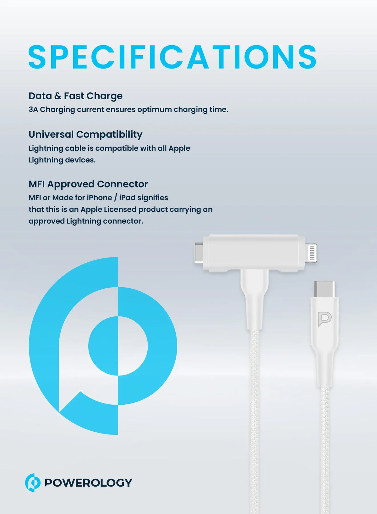 Powerology Braided USB-C to USB-C +Lightning Data&Fast Charge 1.2 m/4 ft - White – image 7