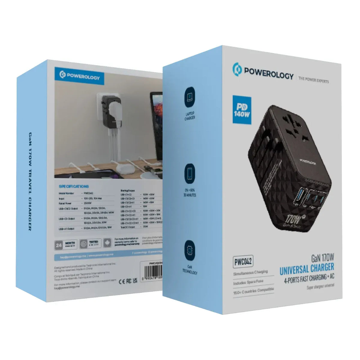 Powerology Gan 170w Universal Charger with 4 Ports Fast Charging AC Black – image 2