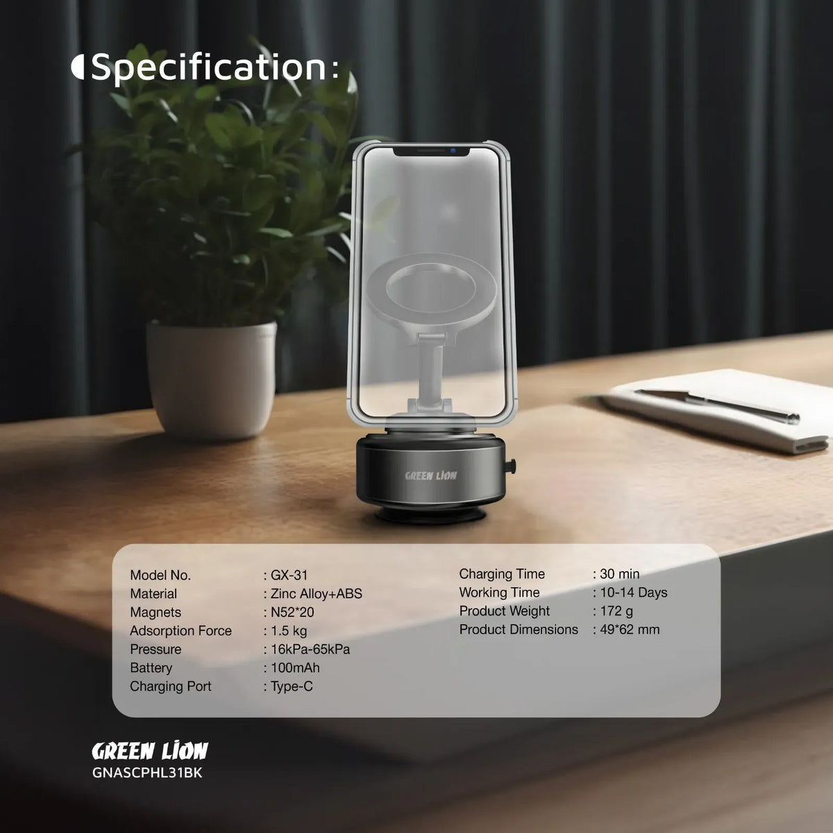Green Lion Gx 31 Auto Suction Phone Holder Matte Black – image 3