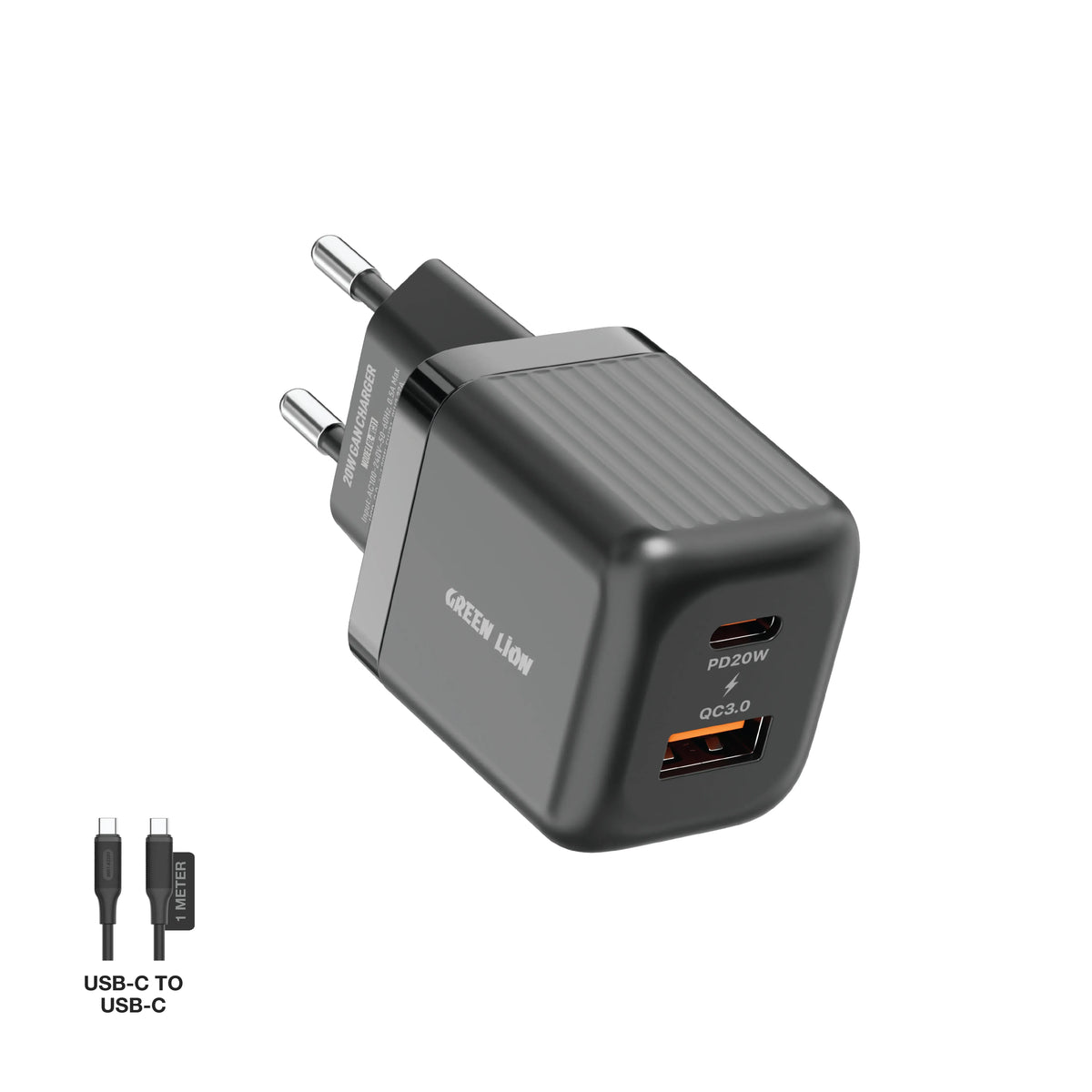 Green Lion Ultra Compact Ga NWall Charger EUPin Cto CPD 20 W+QC 3.0 - Black