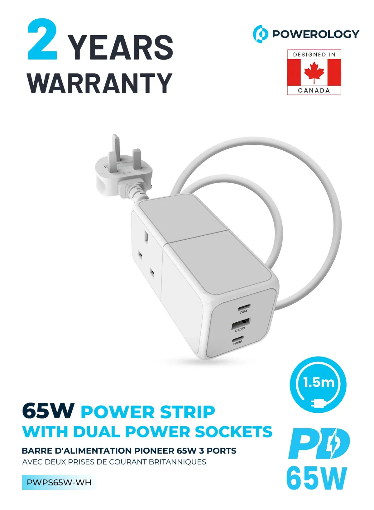 Powerology 65 WPower Strip With Dual Power Sockets - White – image 3