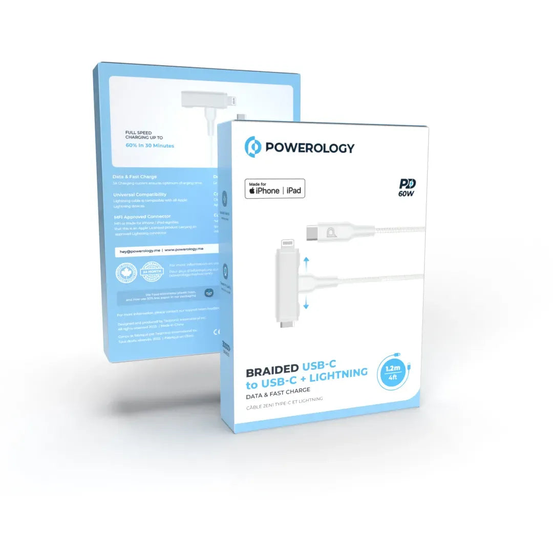 Powerology Braided USB-C to USB-C +Lightning Data&Fast Charge 1.2 m/4 ft - White – image 2