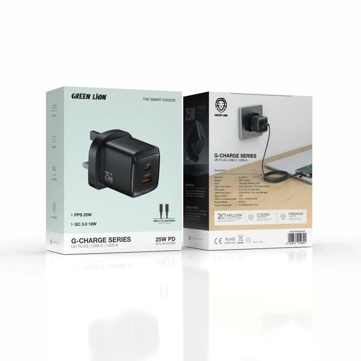 Green Lion G-Charge Series Dual Port Wall Charger PD+QC 25 WLto C 1 m Cable - Black