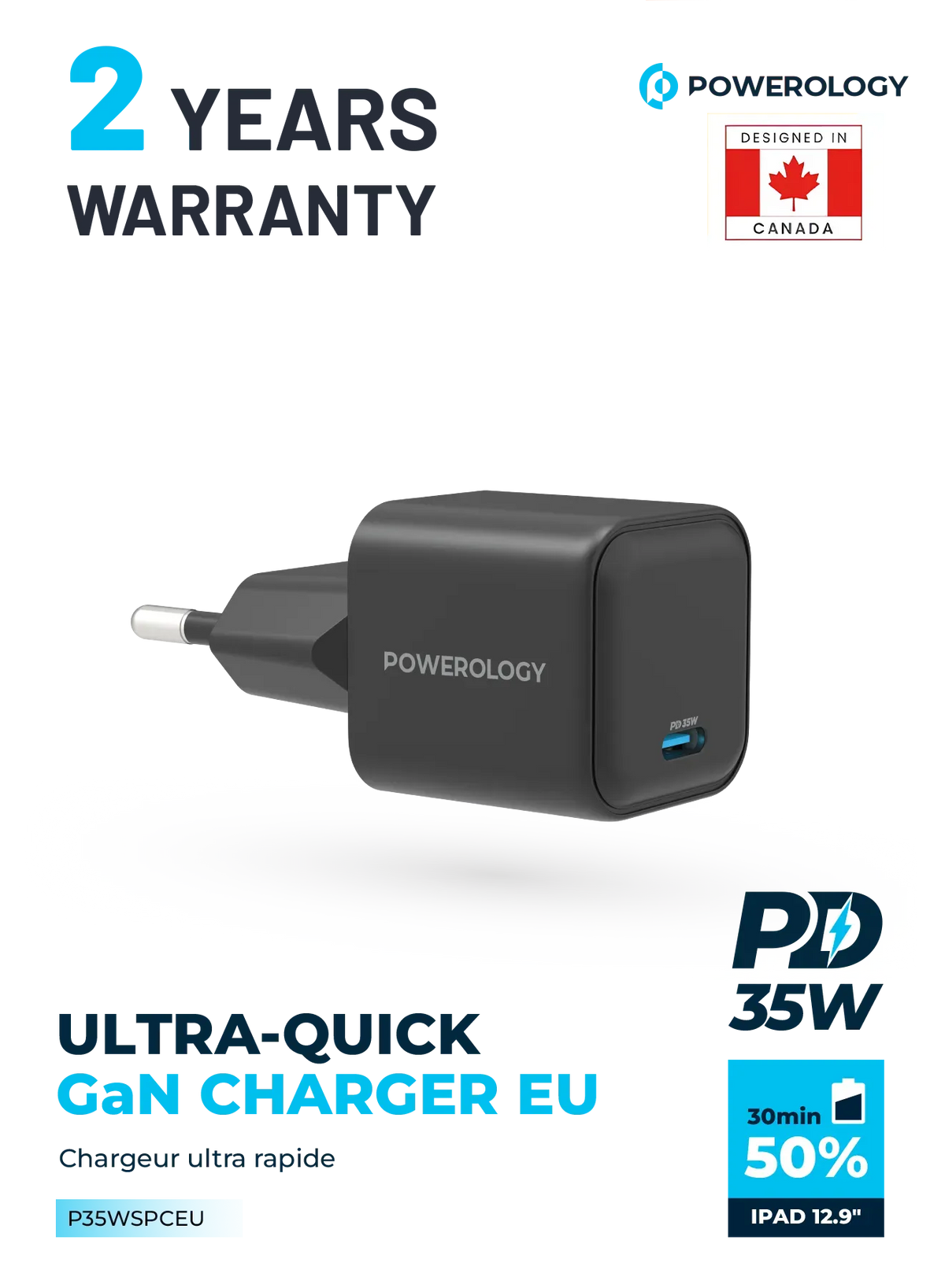 Powerology 35w Single Port Type C Gan Charger with Eu Plug Black – image 5