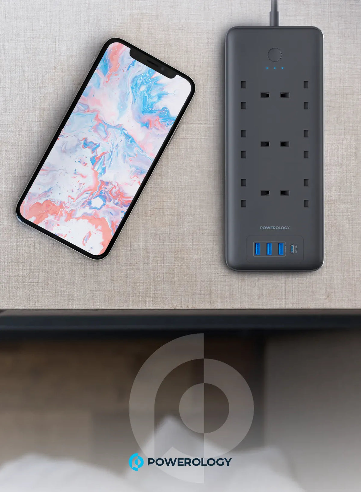 Powerology 48w 6ac 1x PD USB C and 3x QC USB A Power Strip with Uk Plug Black – image 9