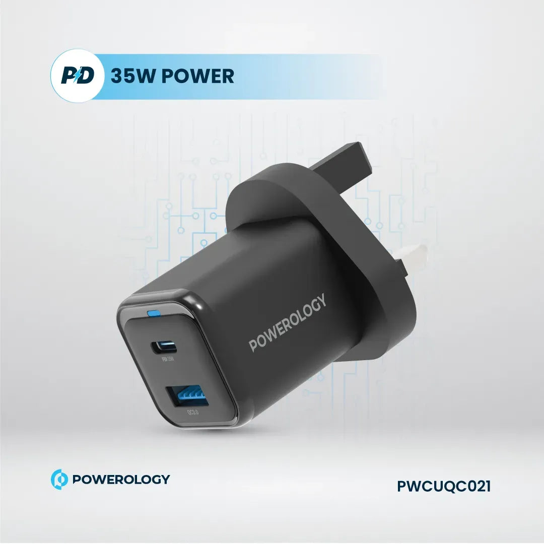 Powerology 35w PD QC 1xusb C 35w and 1xusb A 18w Gan Charger Uk with USB C Cable Black – image 3