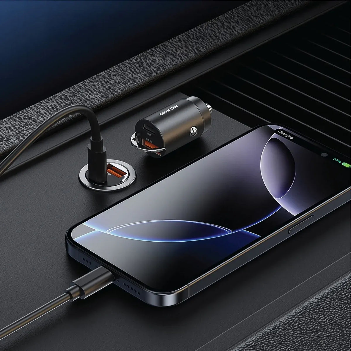 Green Lion Ring Charge Dual Port Car Charger PD 36 WCto C 1 m Cable - Black – image 3