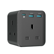 Powerology 3-Outlet Wall Socket With Fast Charging USB -Charge 0%-60% in 35 Minutes for Phoneand Tablets* -Dual Port QC 3.0 Outputs and 20 W PD -Multi-Port Wall Socket -Super Compact -Smart Design - Black