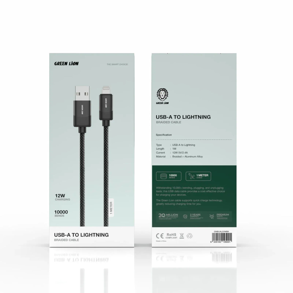Green Lion USB A to Lightning Braided Cable 1m 12w Black – image 2