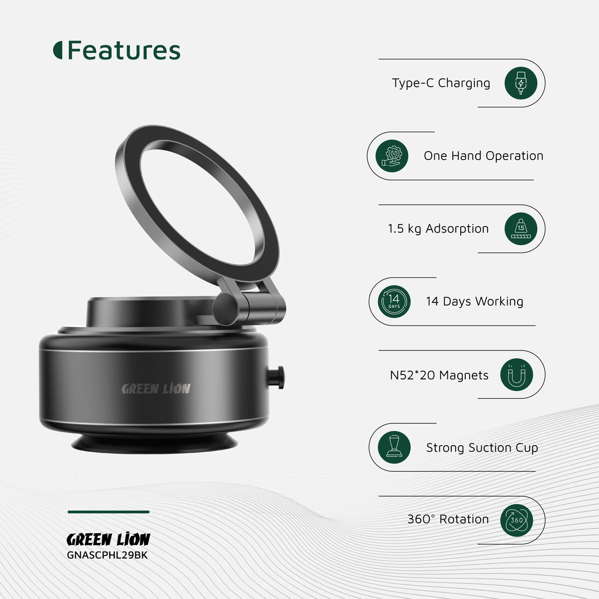 Green Lion Gx 29 Auto Suction Phone Holder Matte Black – image 14