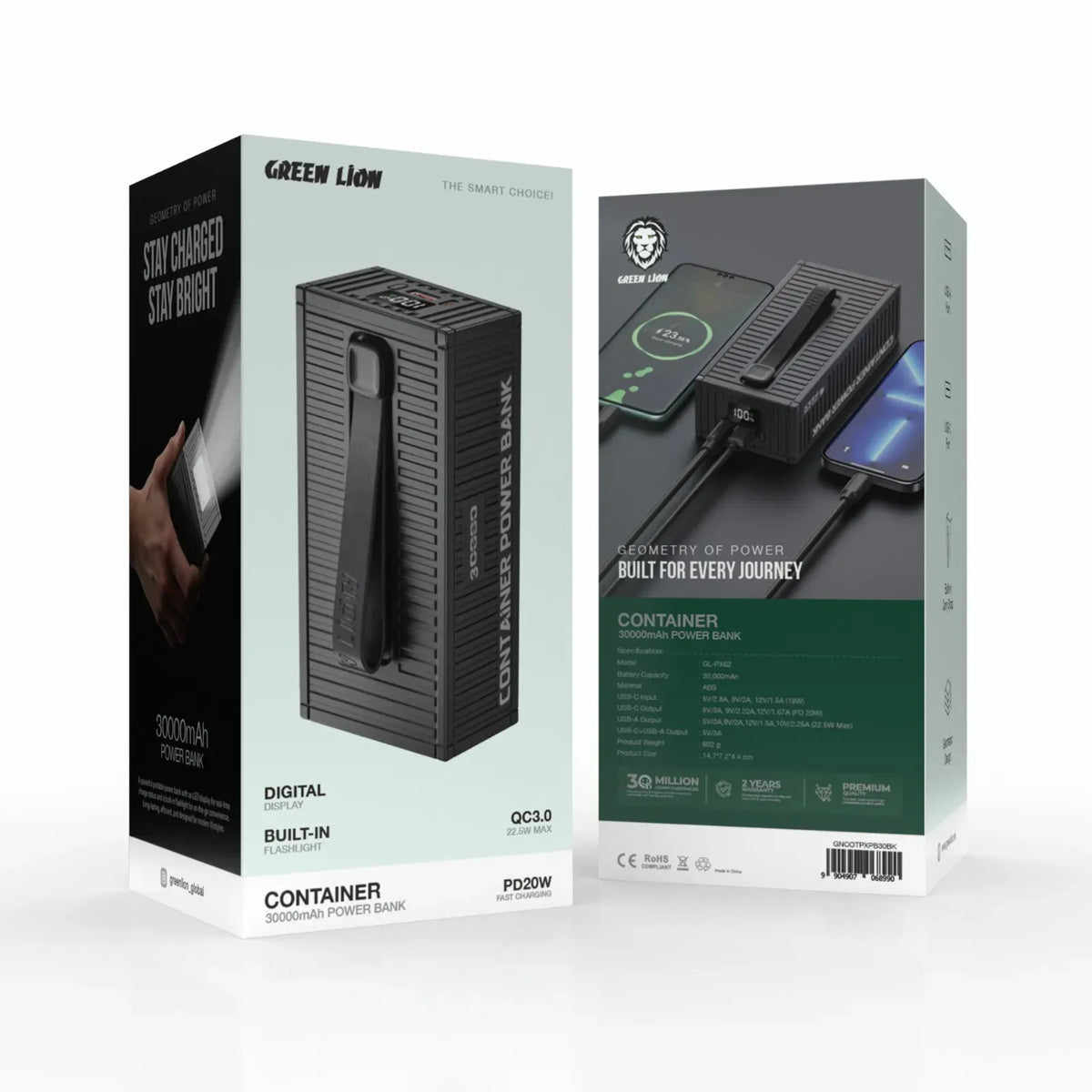 Green Lion Container 30000 m Ah Power Bank PD 20 W-Include 4 in 1 Charging Cable - Black