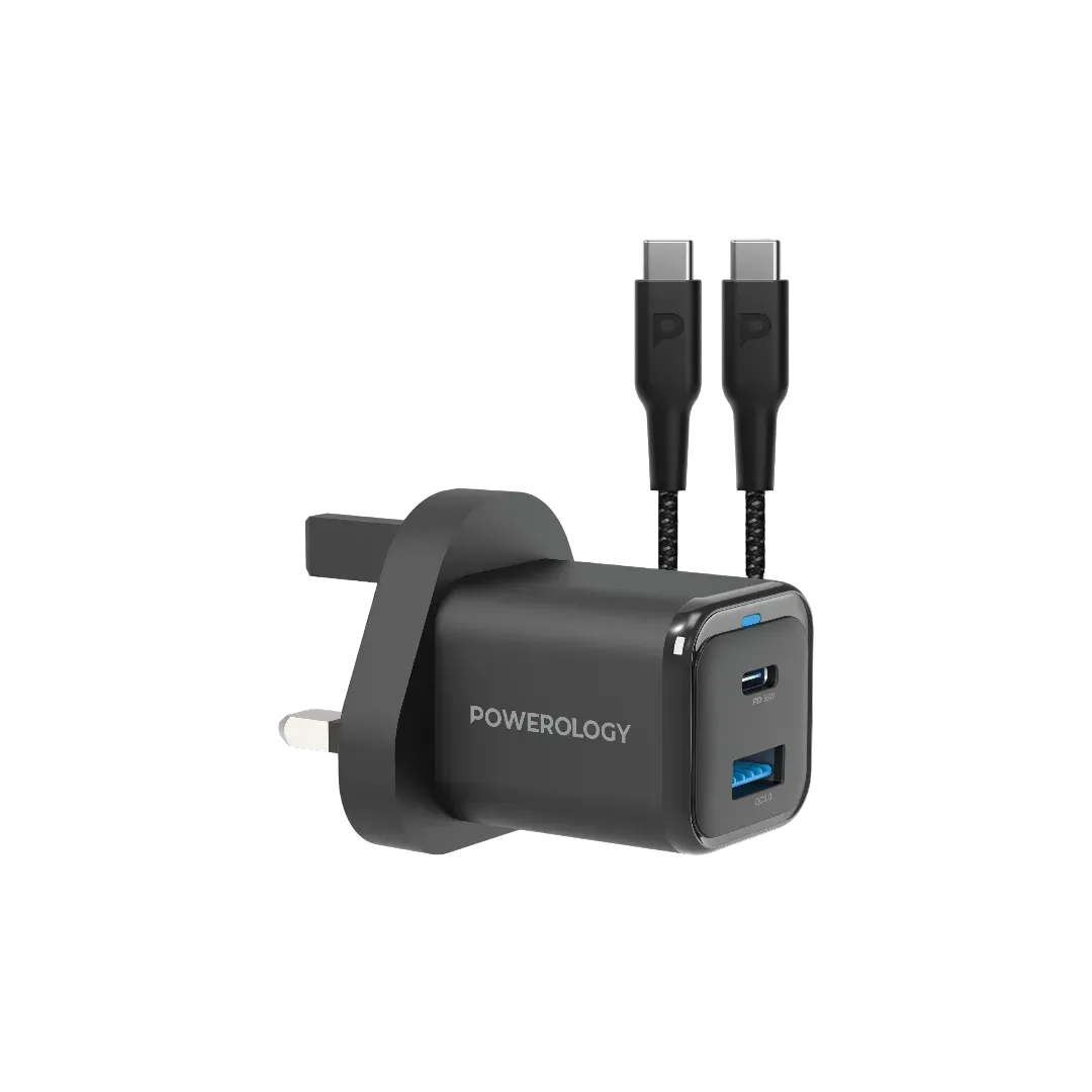 Powerology 35w PD QC 1xusb C 35w and 1xusb A 18w Gan Charger Uk with Type C to C 60w Black – image 6