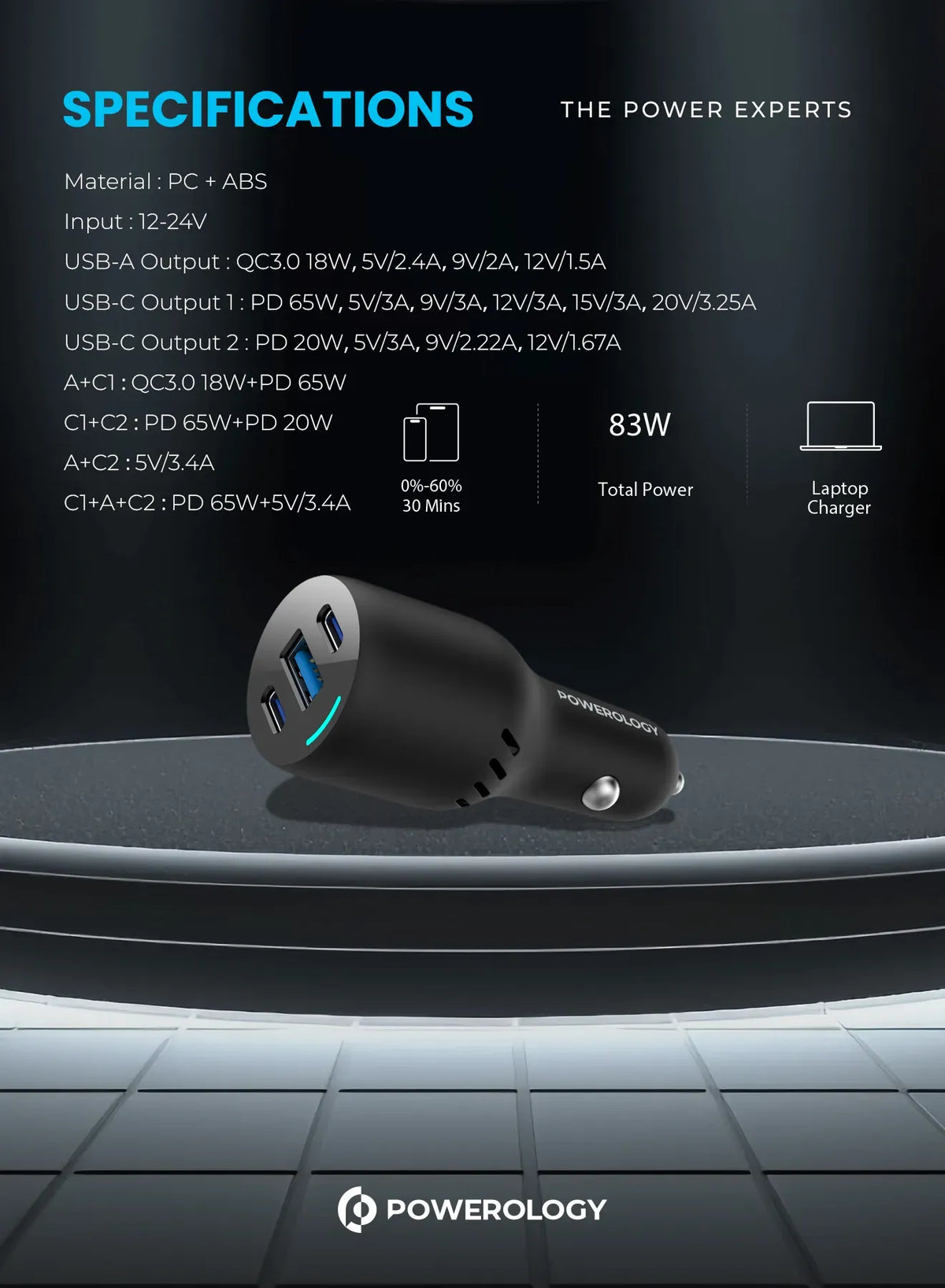 Powerology Pd65w Pd20w Qc18w LED Triple Ports Car Charger Black – image 10