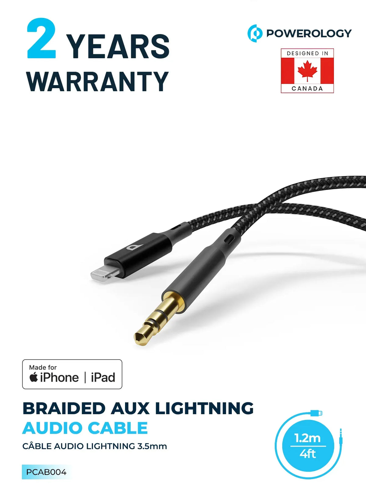 Powerology Braided Aux Lightning Audio Cable 1 2m 4ft – image 2