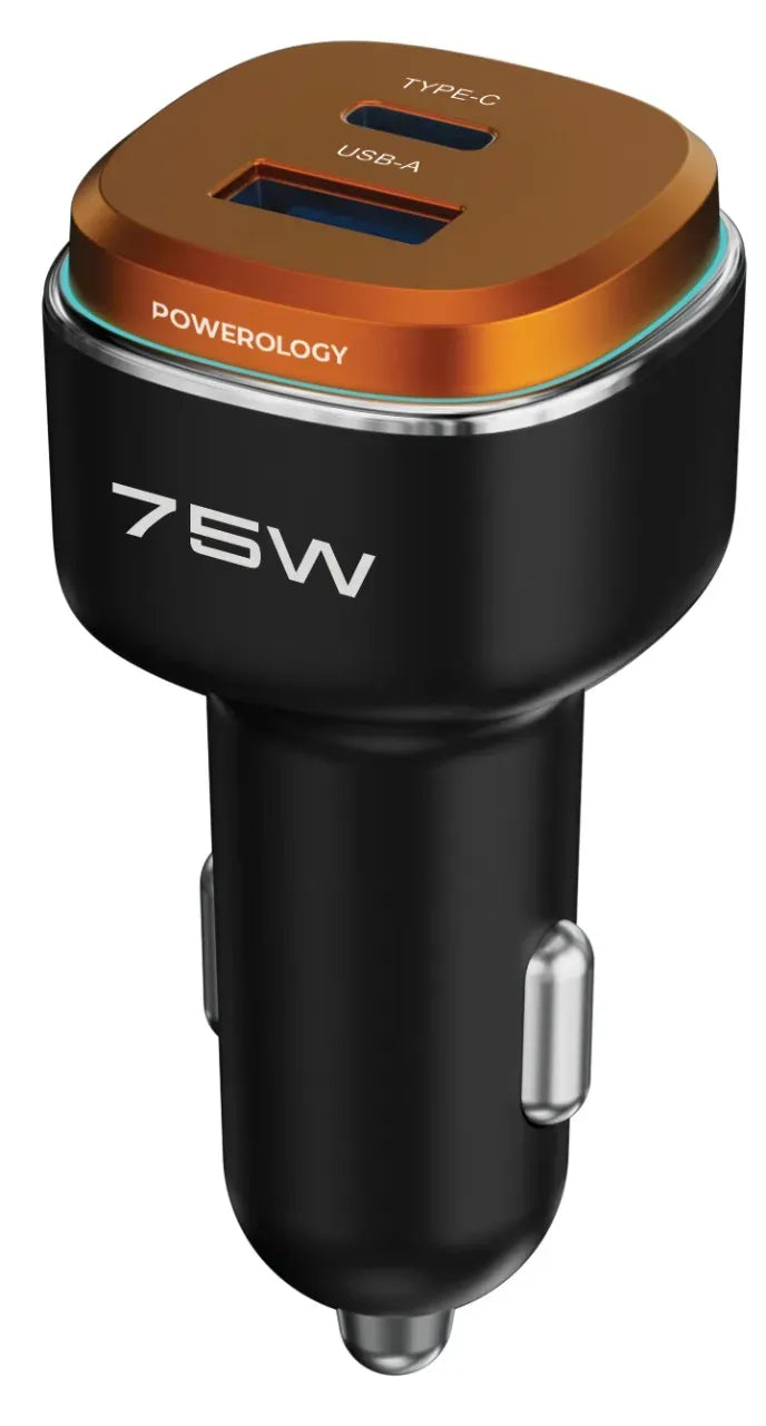 Powerology 75 W Dual-Port High-Power Car Charger - Black/Ora nge