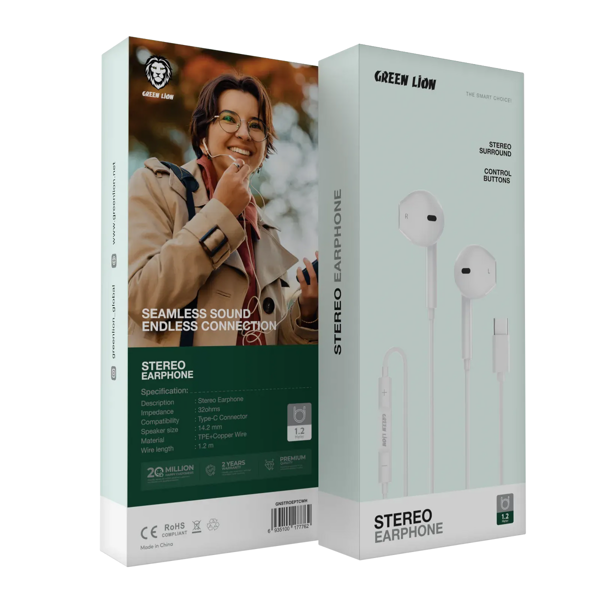 Green Lion Stereo Earphone With Type-CConnector - White