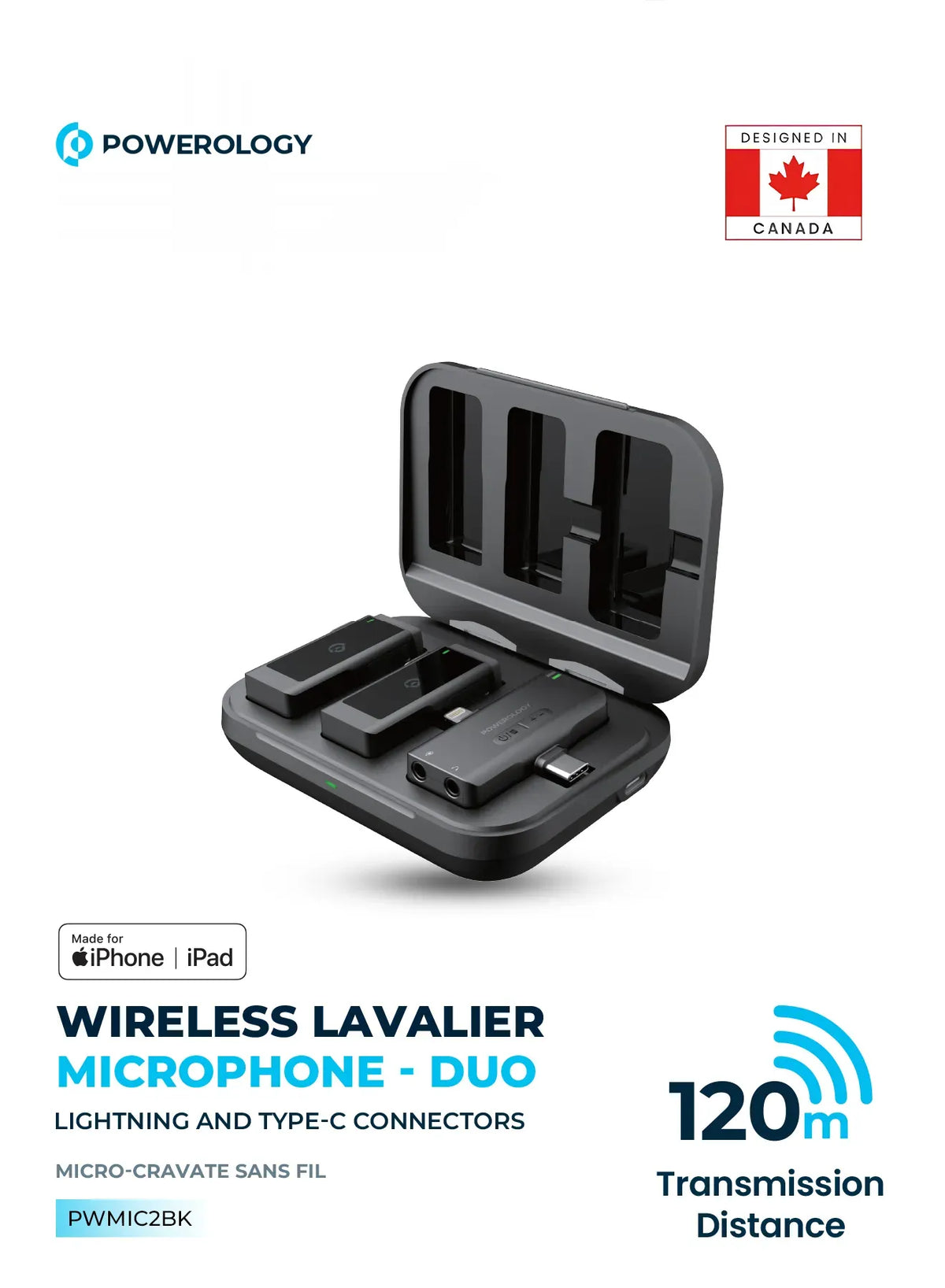 Powerology Mfi Dual Connector Wireless Lavalier Microphone X2 Mic 2000mAh Black – image 4