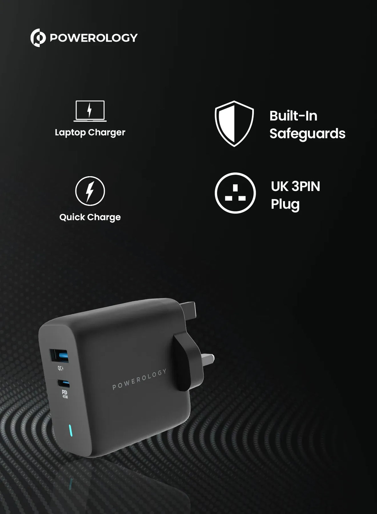 Powerology 63w Ultra Quick Gan Charger 45w PD USB A Quick Charge 18wqc3 0 with 60w Type C to Type C Cable – image 6