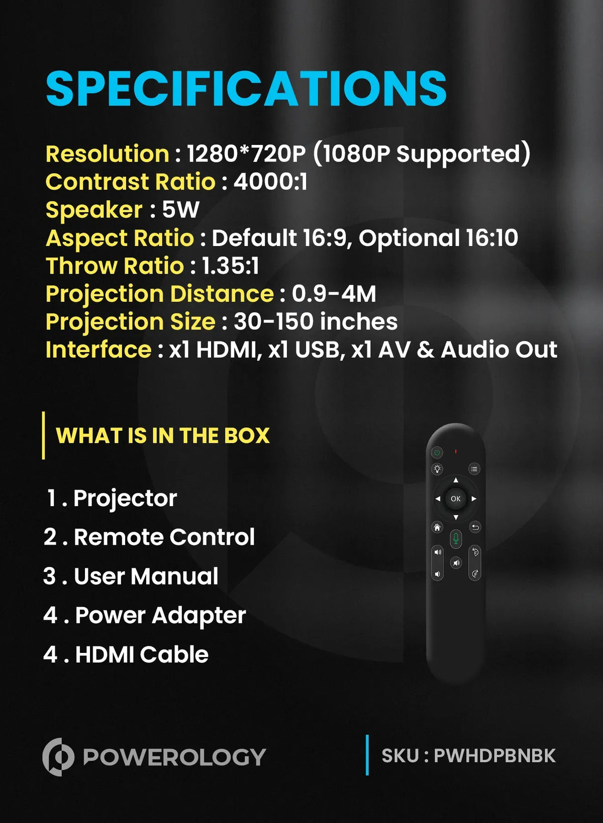 Powerology 300 Ansi Lumens Full HD Portable Projector with Built in Battery and LCD Light – image 9