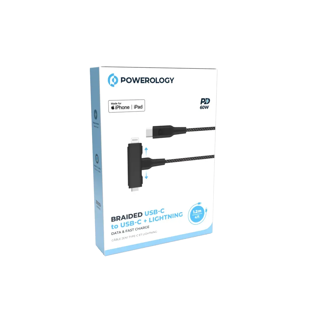 Powerology Braided USB-C to USB-C +Lightning Data&Fast Charge 1.2 m/4 ft - Black – image 2