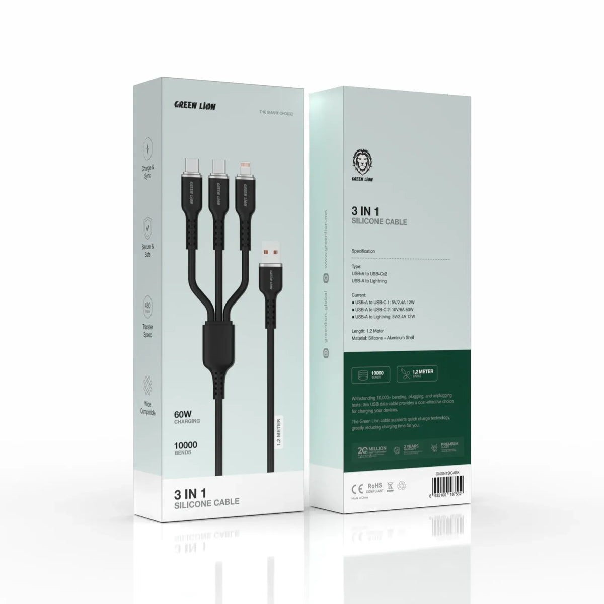 Green Lion 3in1 Silicone Cable USB A to USB Cx2 and Lightning Black – image 3
