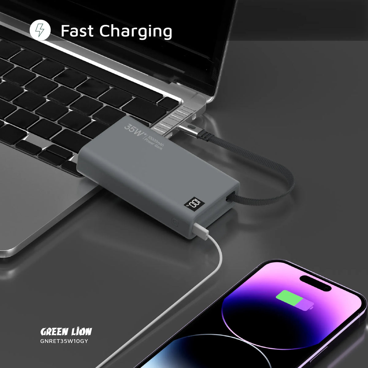 Green Lion Retractable Power Bank 35 W 10000 m Ah - Grey – image 3