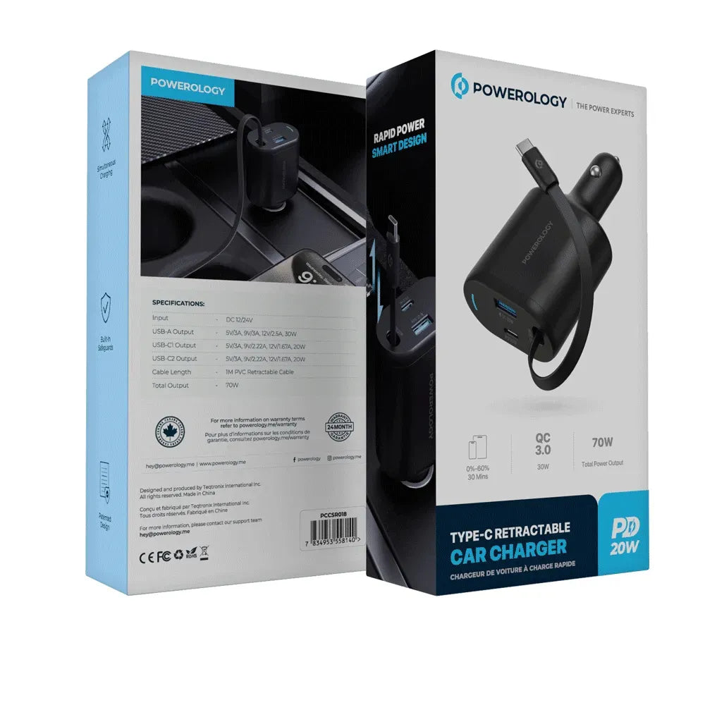 Powerology Type C Retractable Car Charger 70w Black – image 12