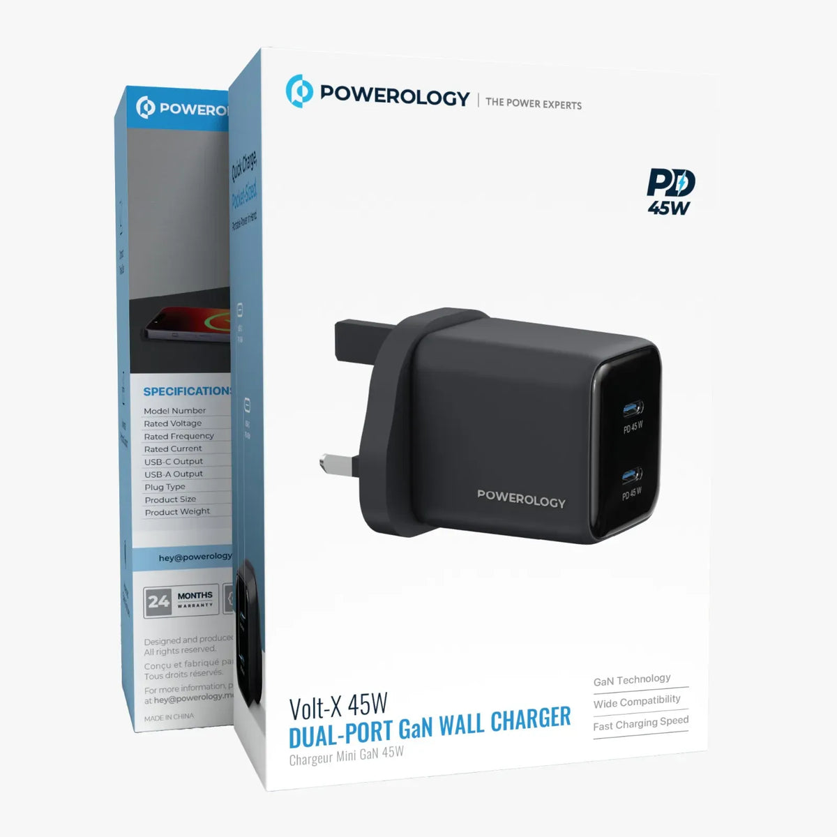 Powerology Volt-X 45 W Dual-Port Ga N Wall Charger Chargeur Mini Ga N 45 W - Black