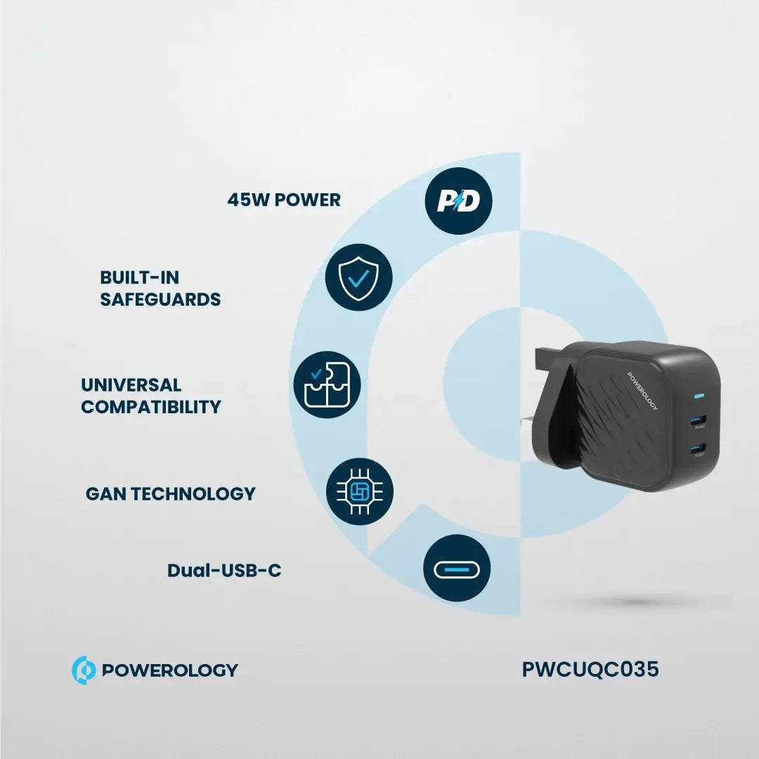 Powerology Gan Dual USB C Wall Charger Black – image 12