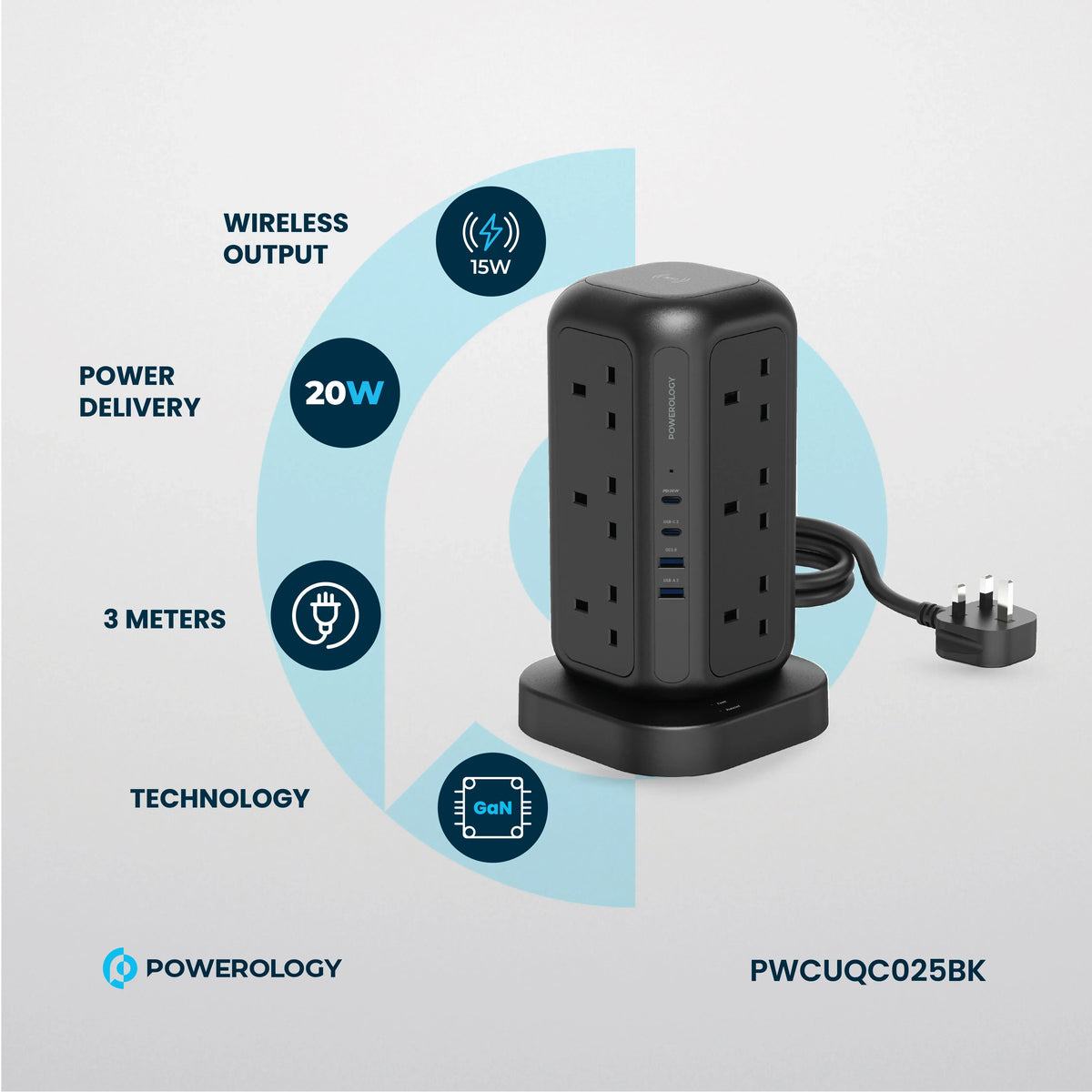 Powerology 12 AC Sockets Gan Tower Hub Black – image 17