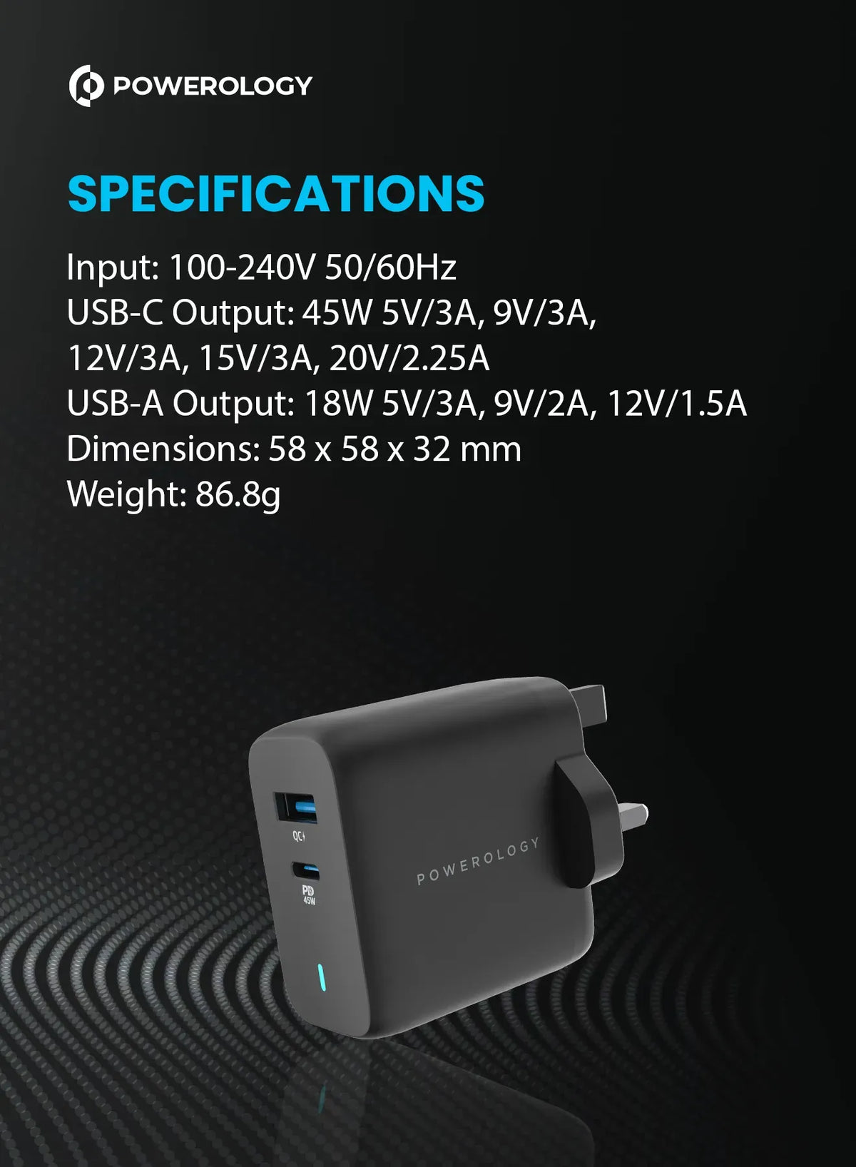 Powerology 63w Ultra Quick Gan Charger 45w PD USB A Quick Charge 18wqc3 0 with 60w Type C to Type C Cable – image 7