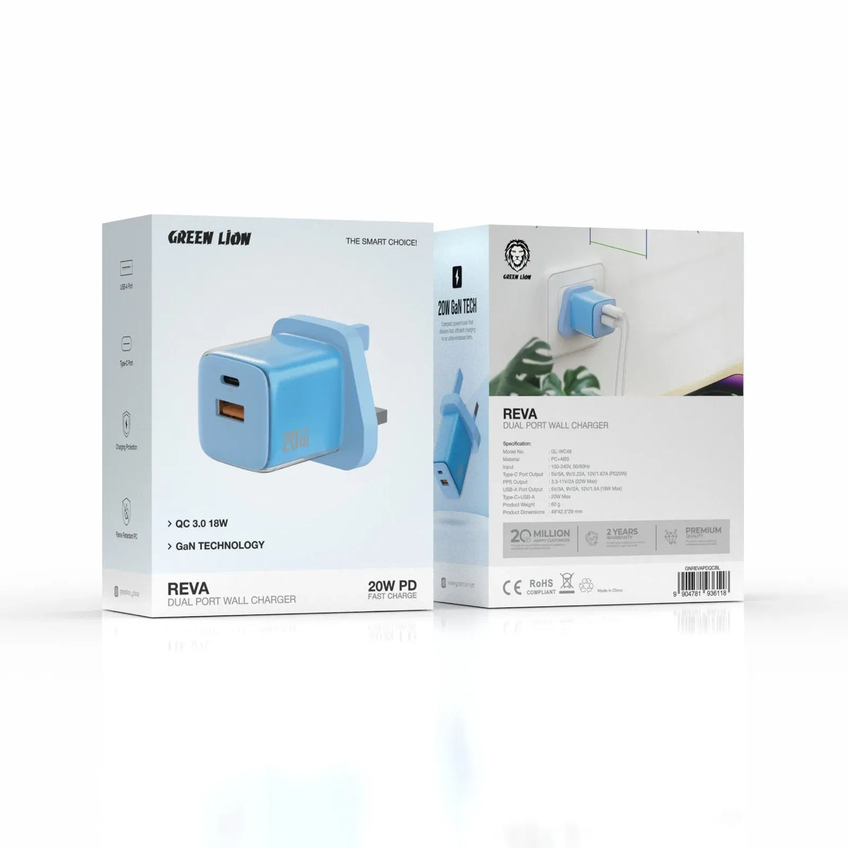 Green Lion Reva Dual Port Wall Charger PD+QC 20 W - Blue – image 3