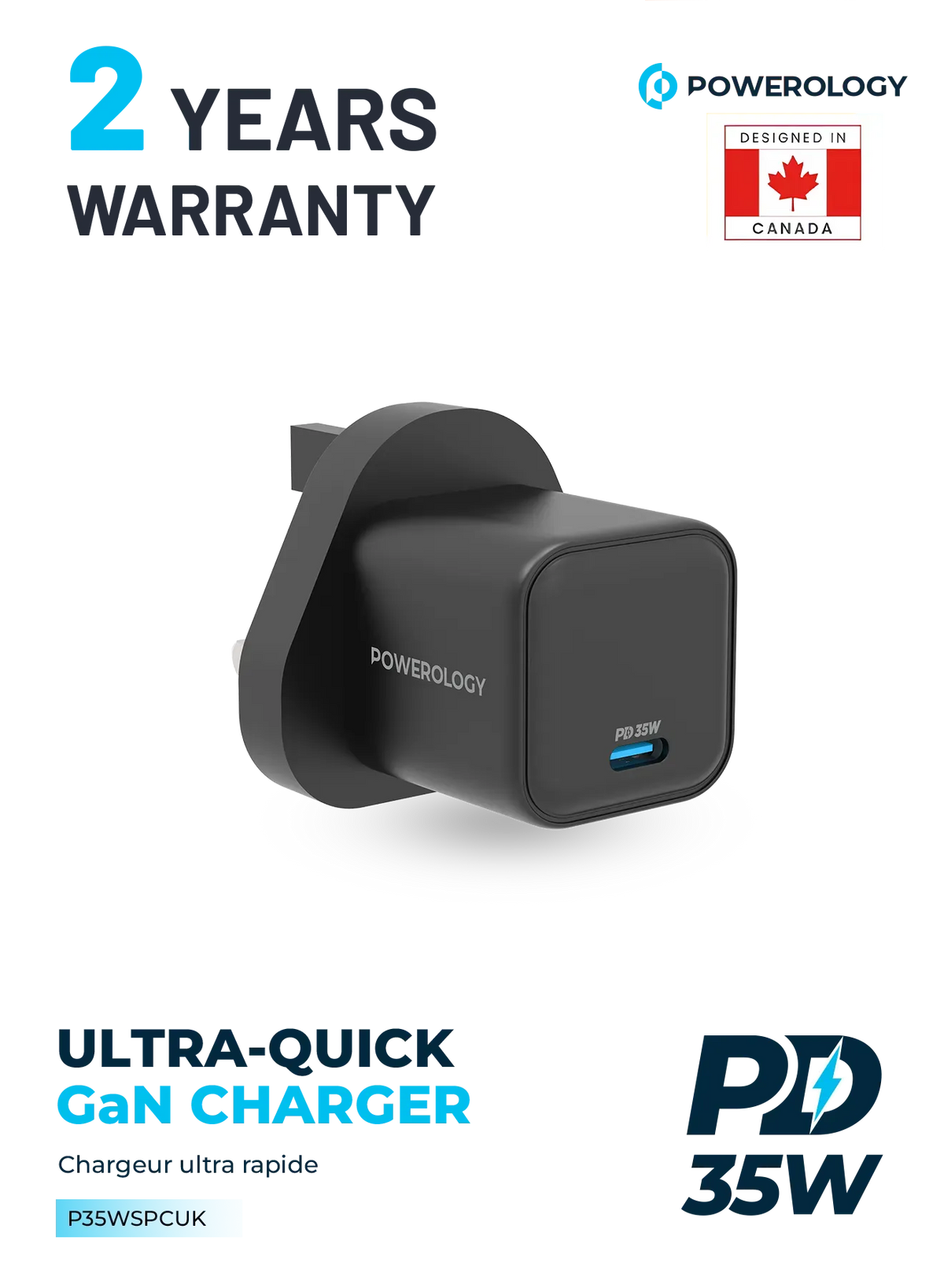 Powerology 35w Single Port Type C Gan Charger with Uk Plug Black – image 5