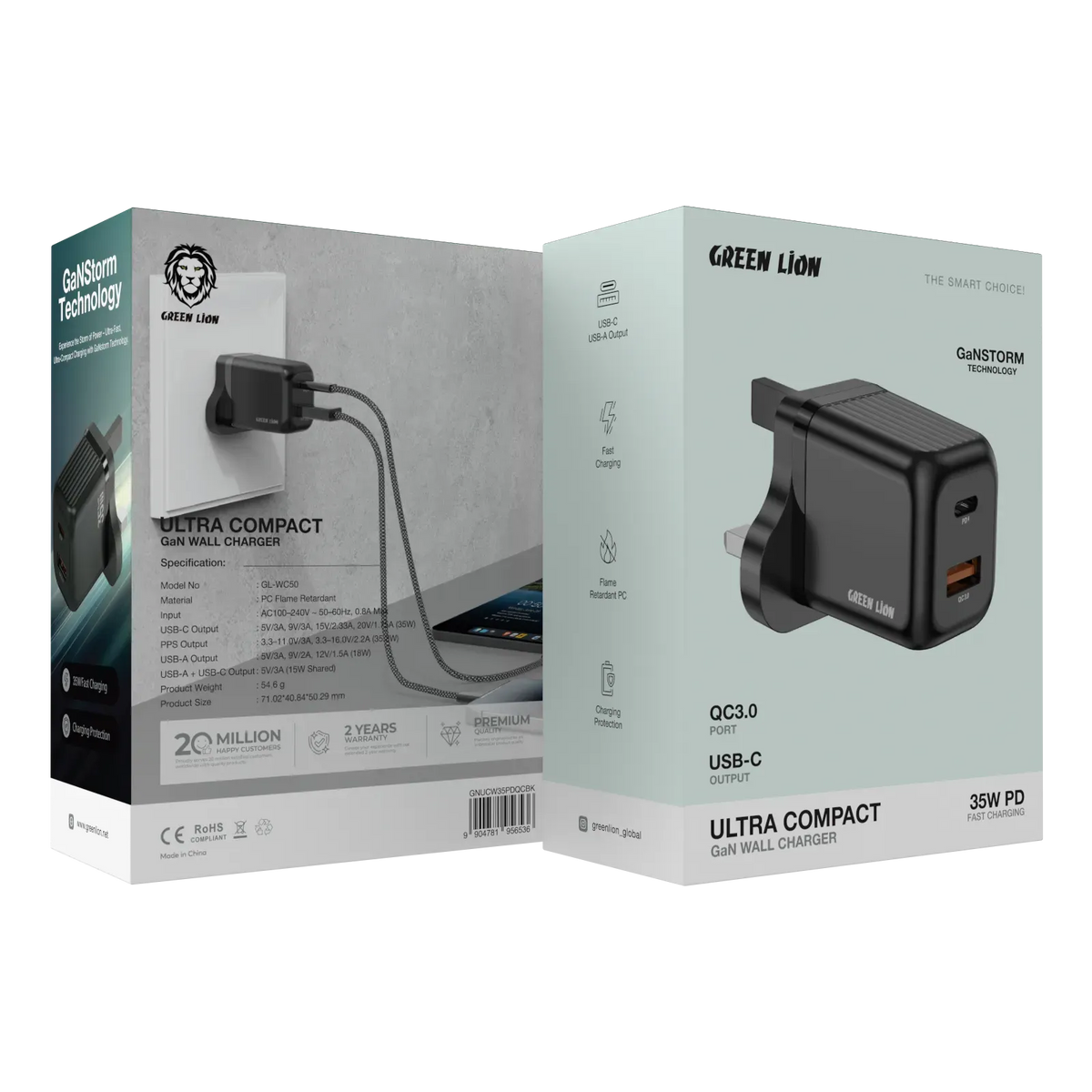 Green Lion Ultra Compact Gan Wall Charger PD+QC 35 W - Black
