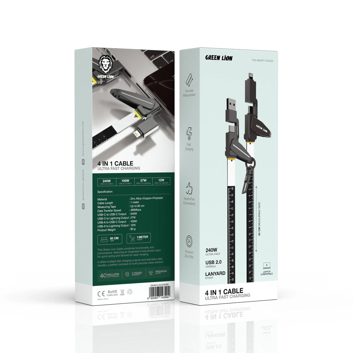 Green Lion 4 in 1 Cable Ultra Fast Charging Lanyard 240 W - Black – image 4