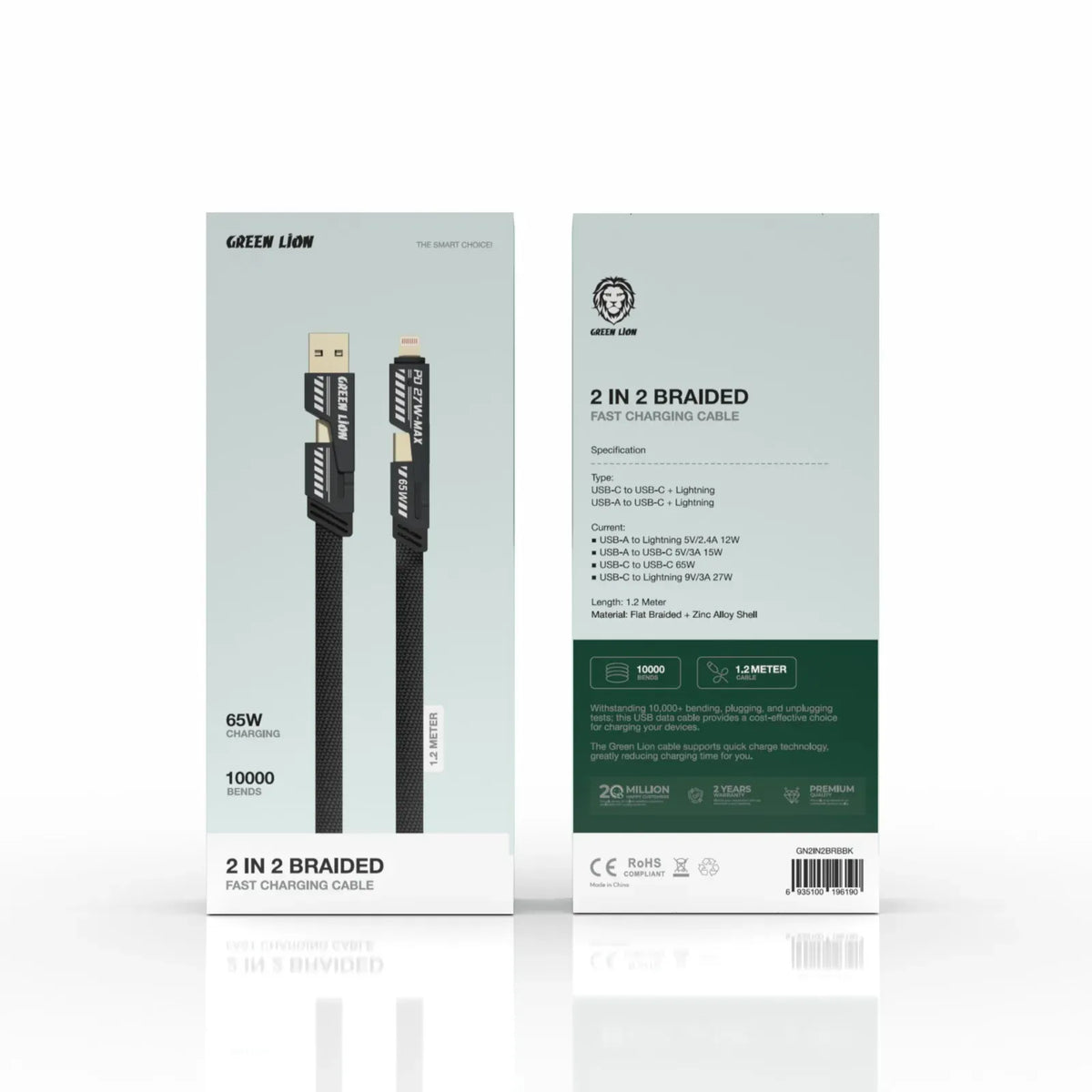 Green Lion 2 in 2 Braided Cable Cto C+Land Ato C+L 1.2 m 65 W - Black