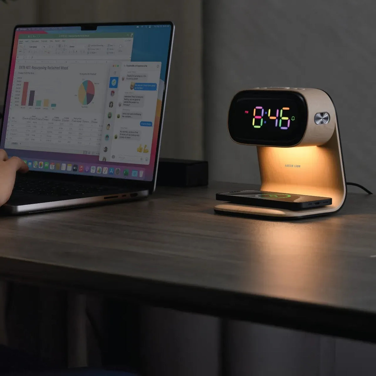 Green Lion Bedside Clock with Wireless Charger Wood – image 4