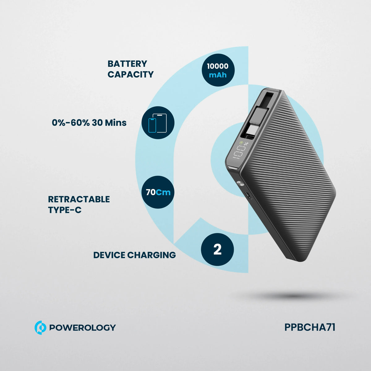 Powerology 10000mAh Retractable Cable Power Bank Black – image 6